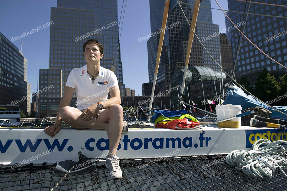 British sailor Ellen MacArthur with her boat in New York, USA 2005