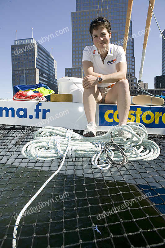 British sailor Ellen MacArthur with her boat in New York, USA 2005