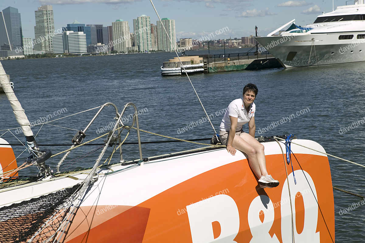 British sailor Ellen MacArthur with her boat in New York, USA 2005