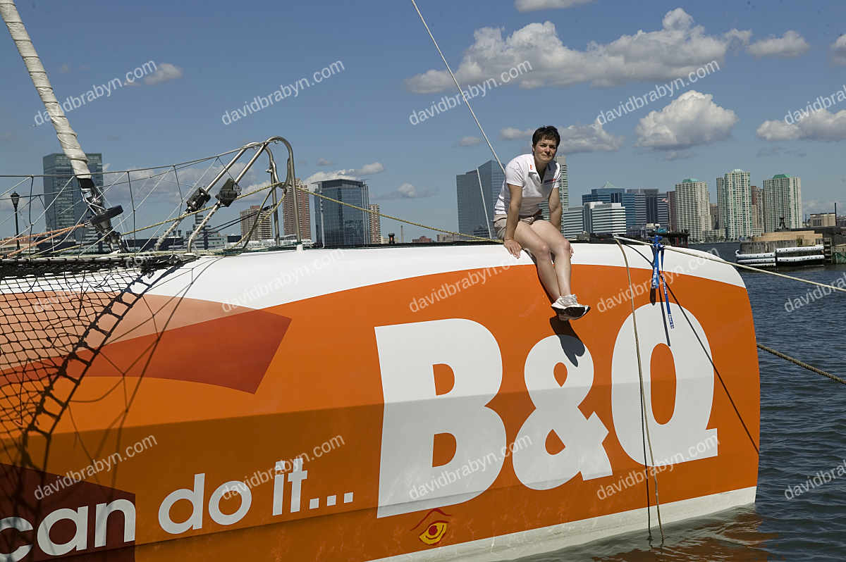 British sailor Ellen MacArthur with her boat in New York, USA 2005