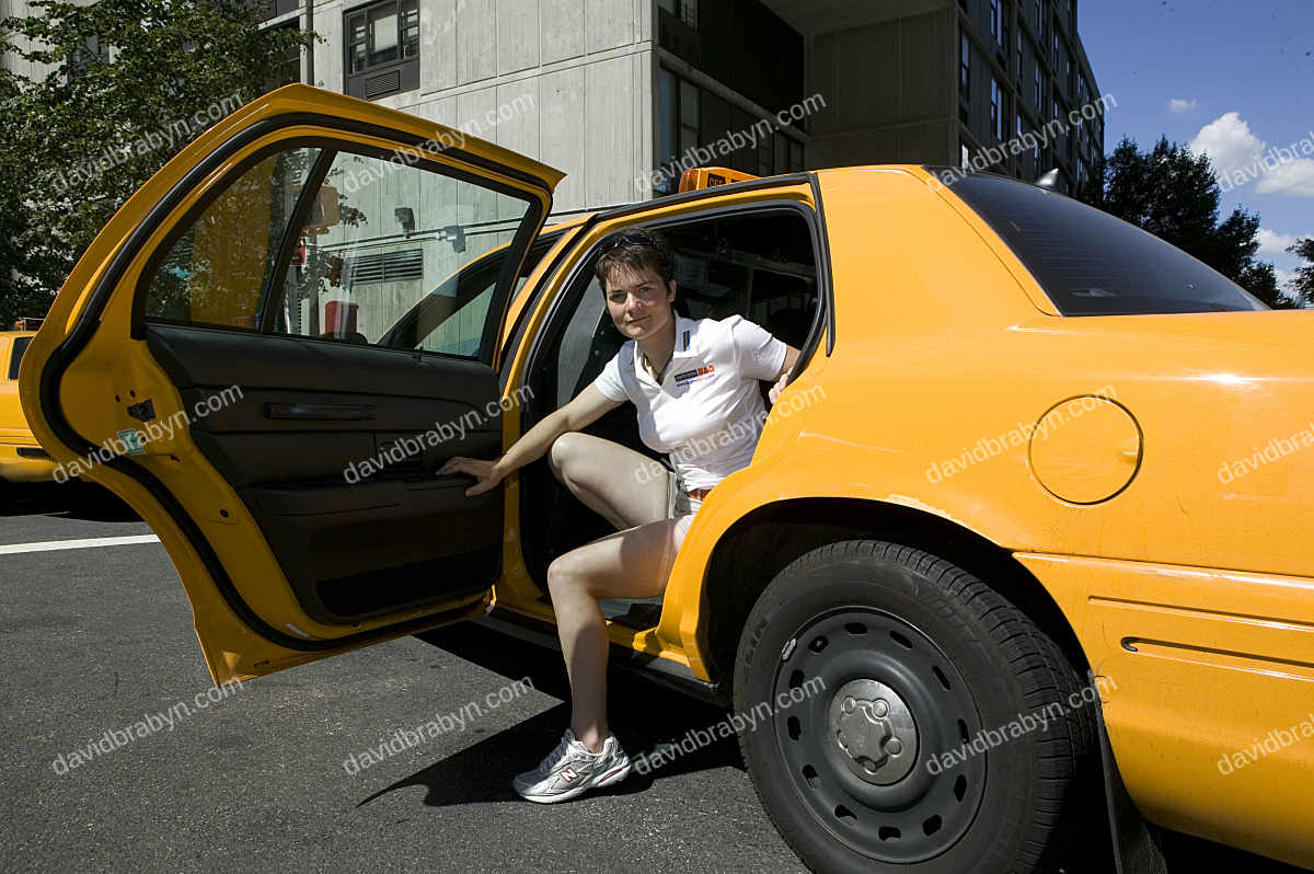 British sailor Ellen MacArthur with her boat in New York, USA 2005