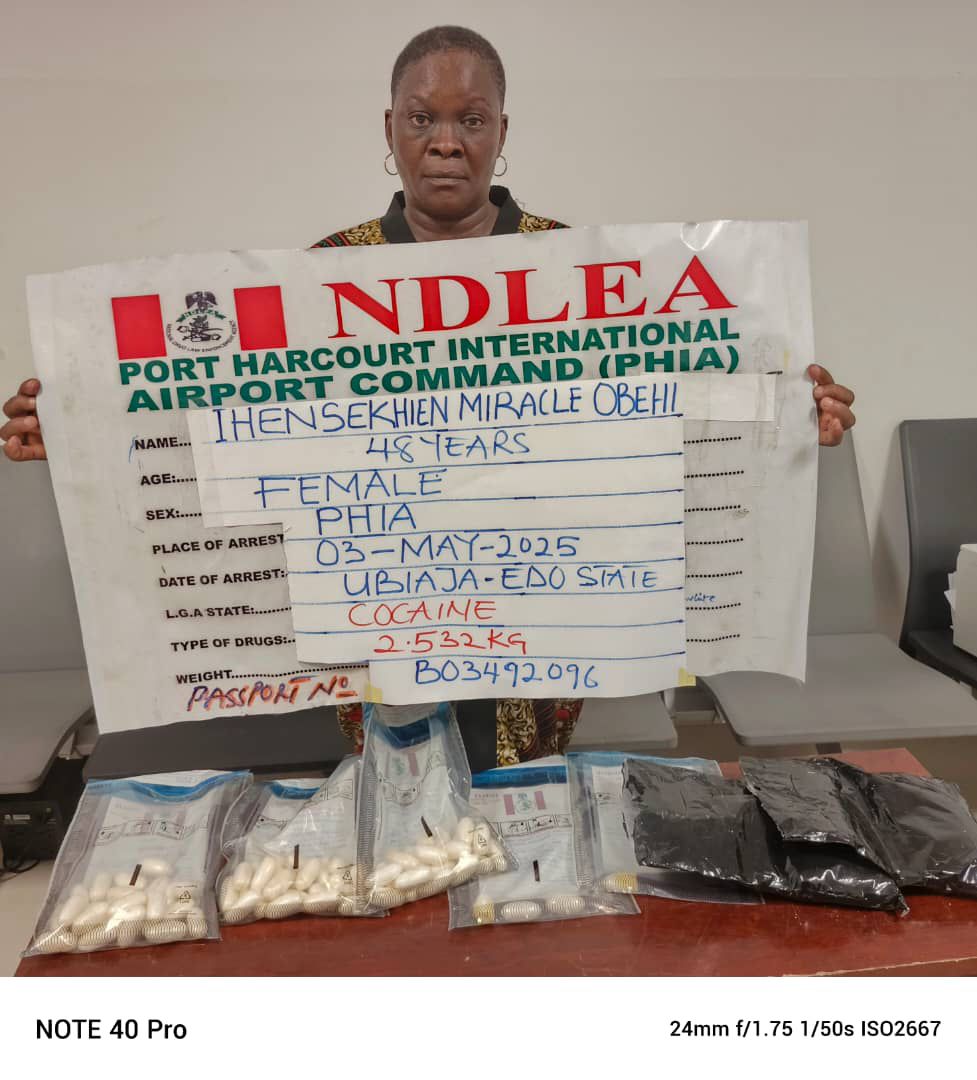 IRAN-BOUND WOMAN FOUND WITH COCAINE AT PORT HARCOURT AIRPORT, AS NDLEA REPORTS MULTIPLE ARRESTS, SEIZURES