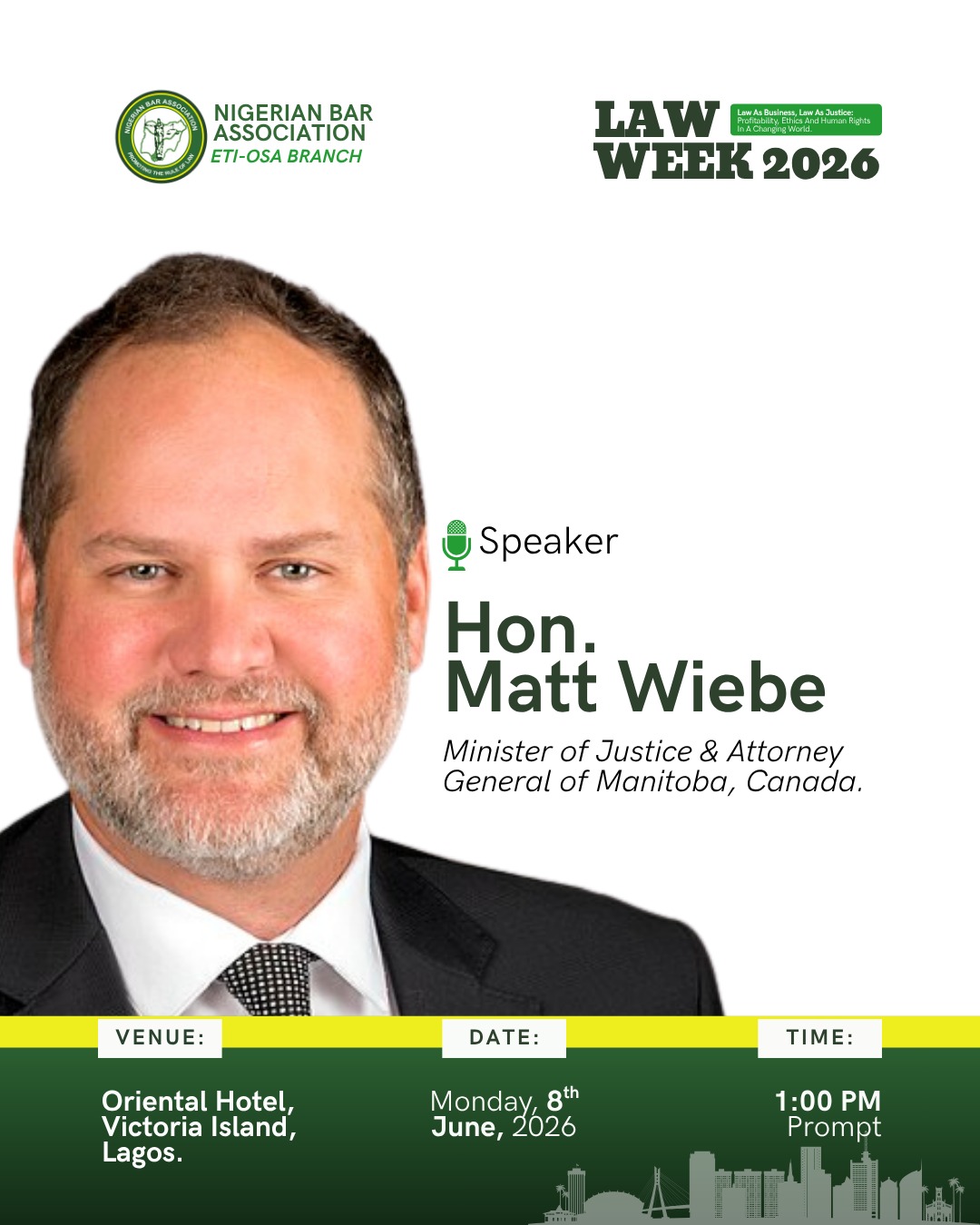 Canadian Attorney General Confirmed for NBA Eti-Osa Branch 2026 Law Week Celebration