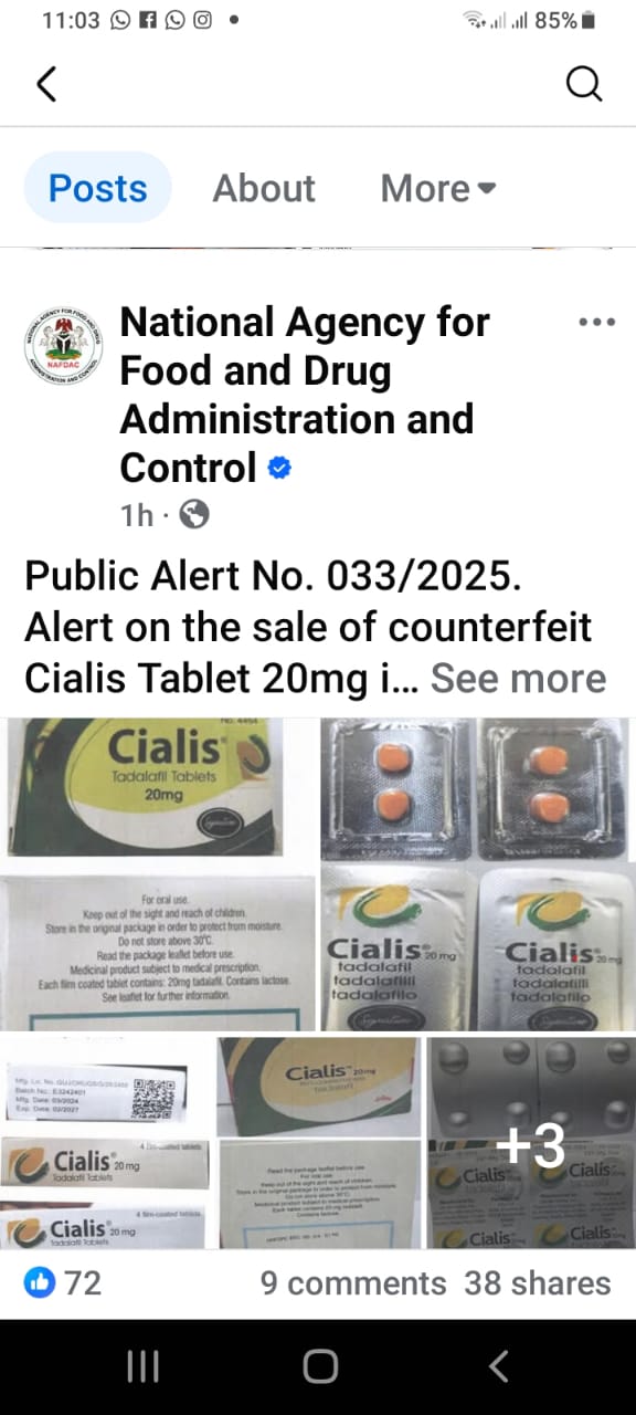 NAFDAC Uncovers Counterfeit Cialis 20mg Tablets Selling at N47,000 Less Market Value for Original