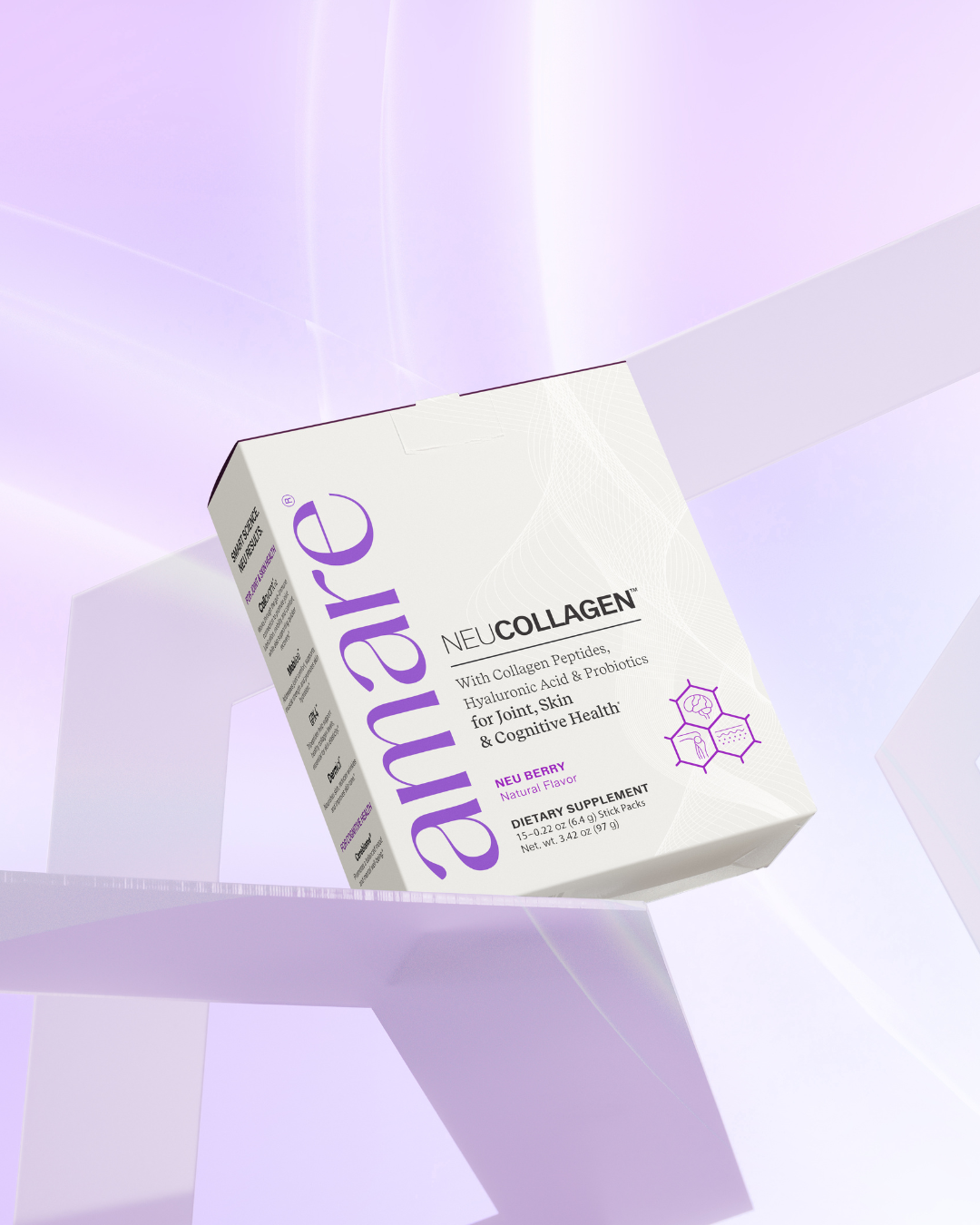 Amare NeuCollagen box floating on lavender geometric background