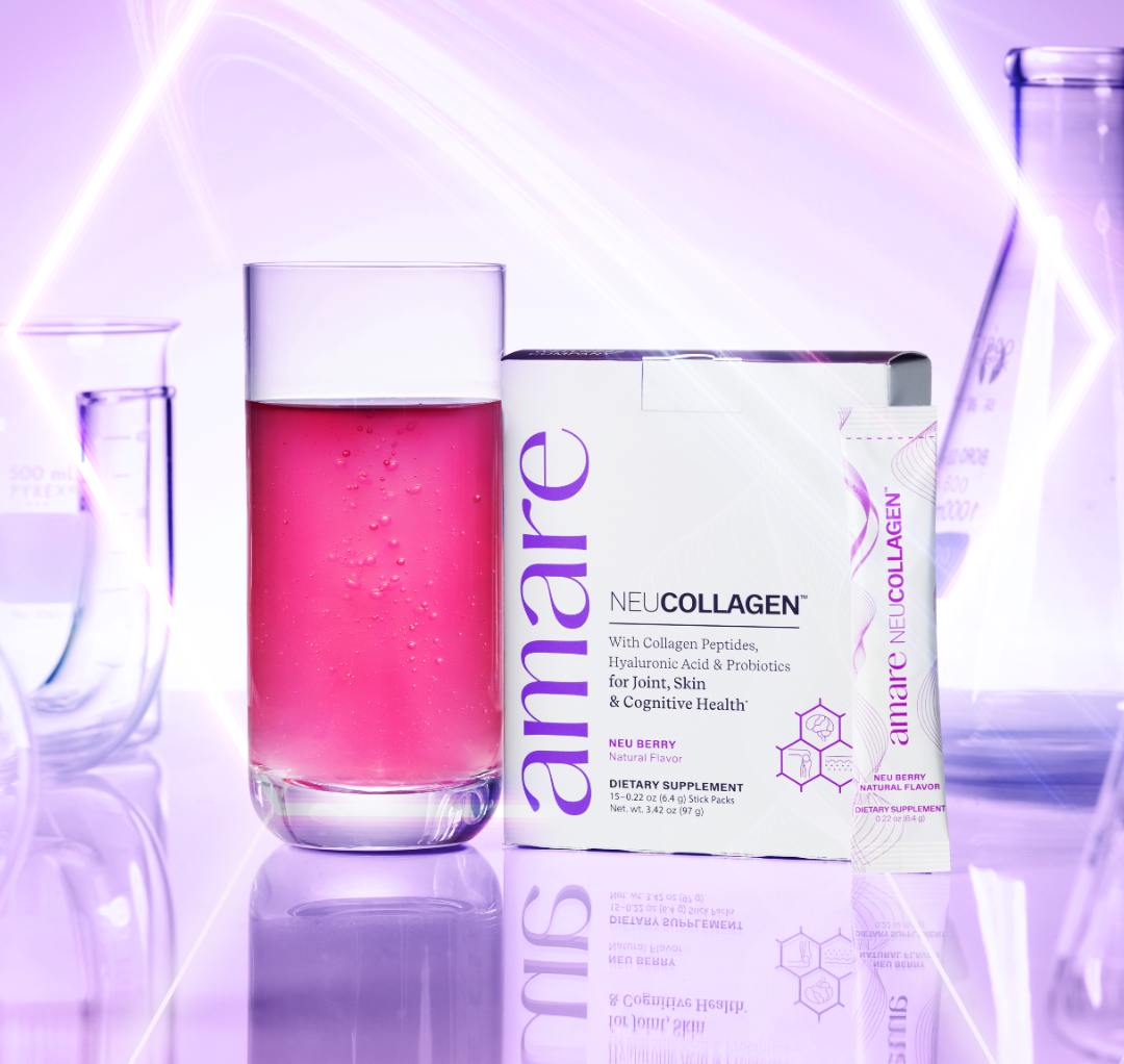 Amare NeuCollagen — pink berry drink with product box in purple lab setting