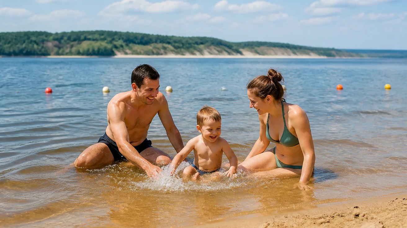 Молодые родители сидят в воде на мелководье Волги рядом с маленьким сыном, который плещется в безопасной зоне с буйками
