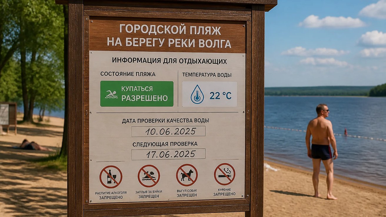 Информационный стенд с правилами безопасности и разрешением на купание на фоне песчаного берега реки Волги и отдыхающего мужчины