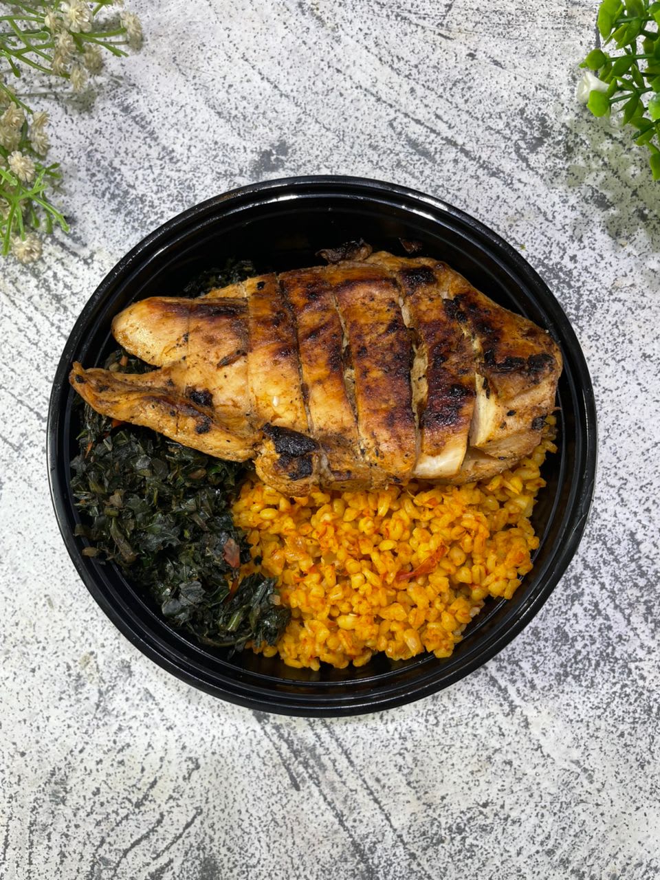Jollof Bulgur with Grilled Chicken Breast & Leafy Greens