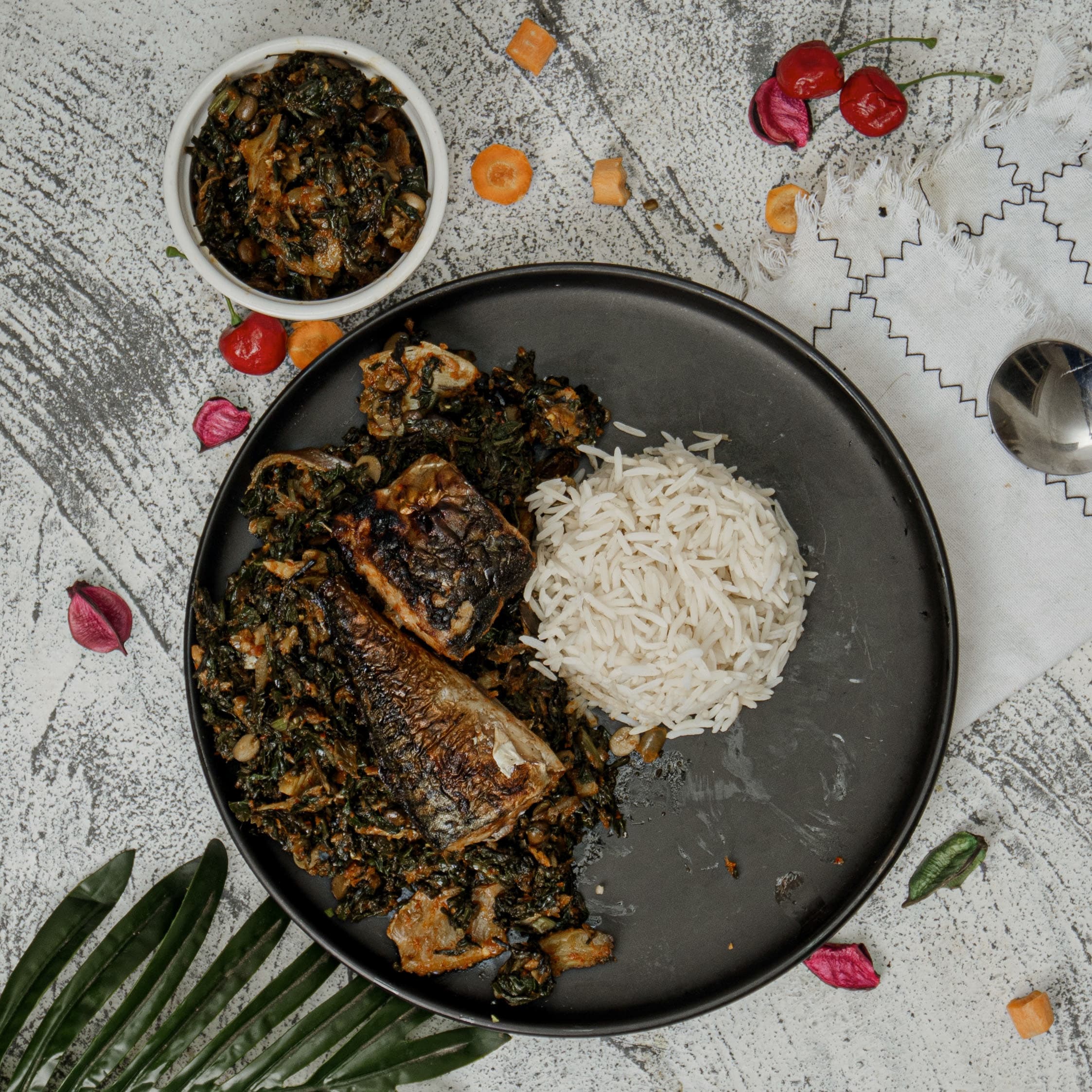Basmati Rice with Oil-less Efo Riro & Grilled Titus Fish