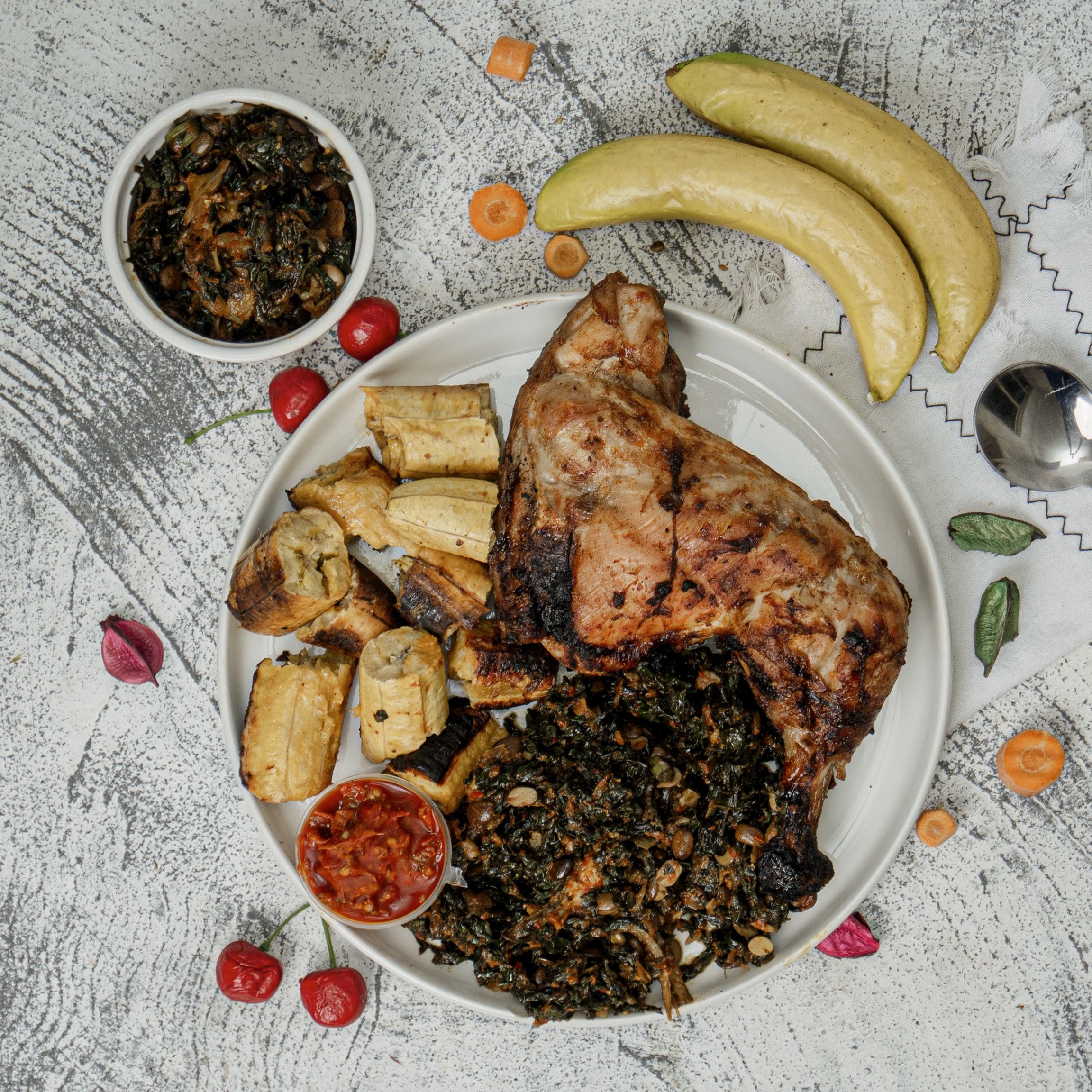 Bole/ oil-less eforio / grilled chicken thighs