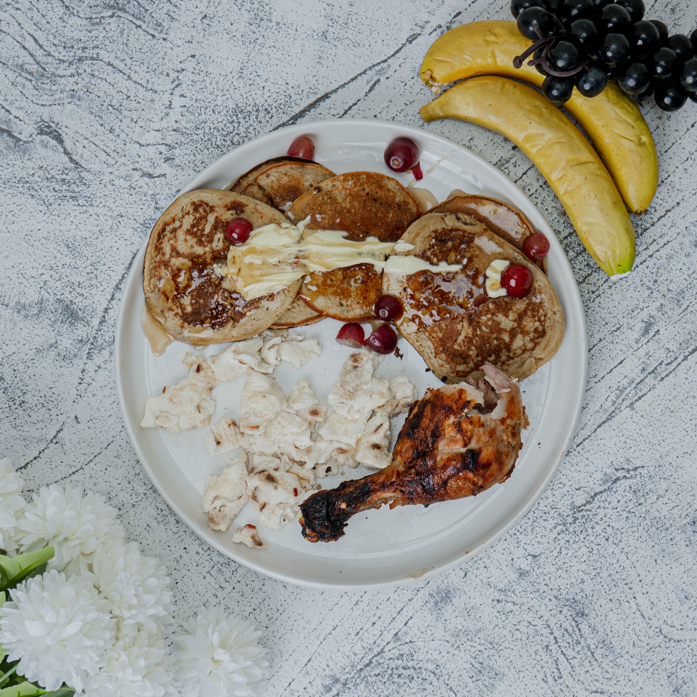 Protein pancakes/ egg whites / chicken drum stick