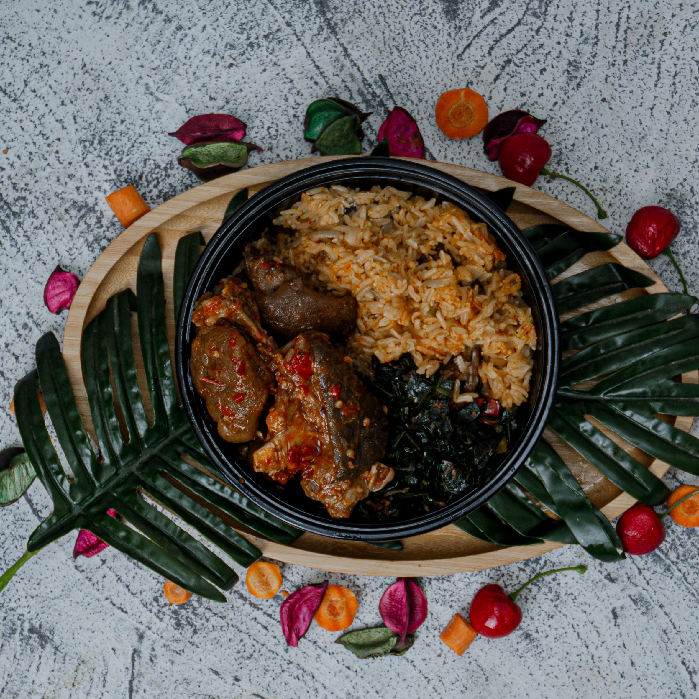 Coconut Brown Rice with Peppered Goat Meat (Asun) & Leafy Green Vegetables