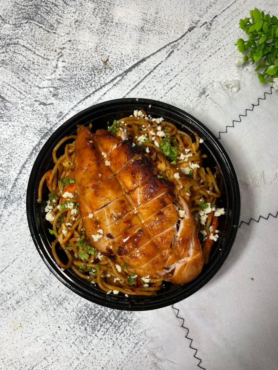 Jollof whole grain pasta/ Honey glazed chicken breast