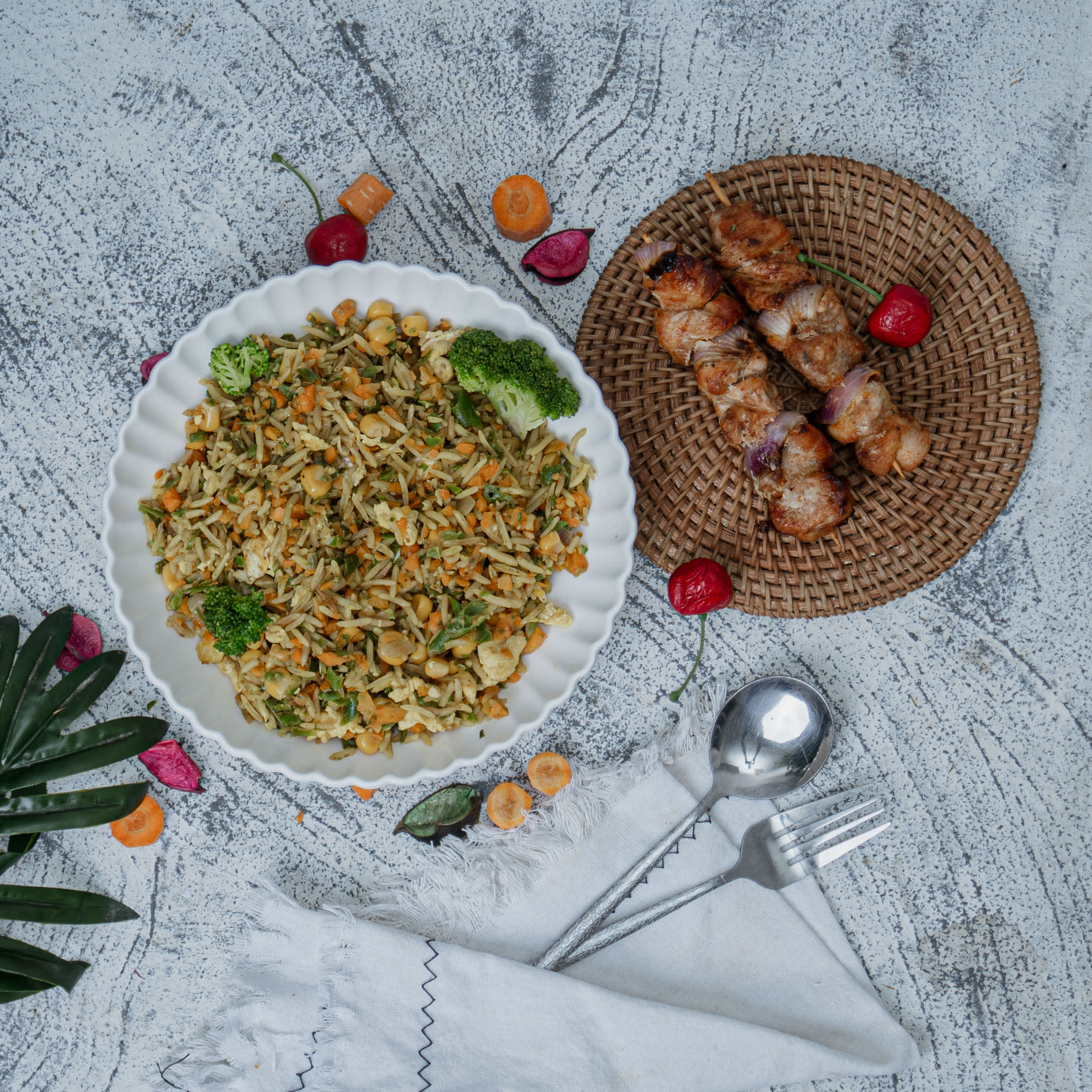 Vegetable Fried Rice with Chicken Breast Kebab & Coleslaw