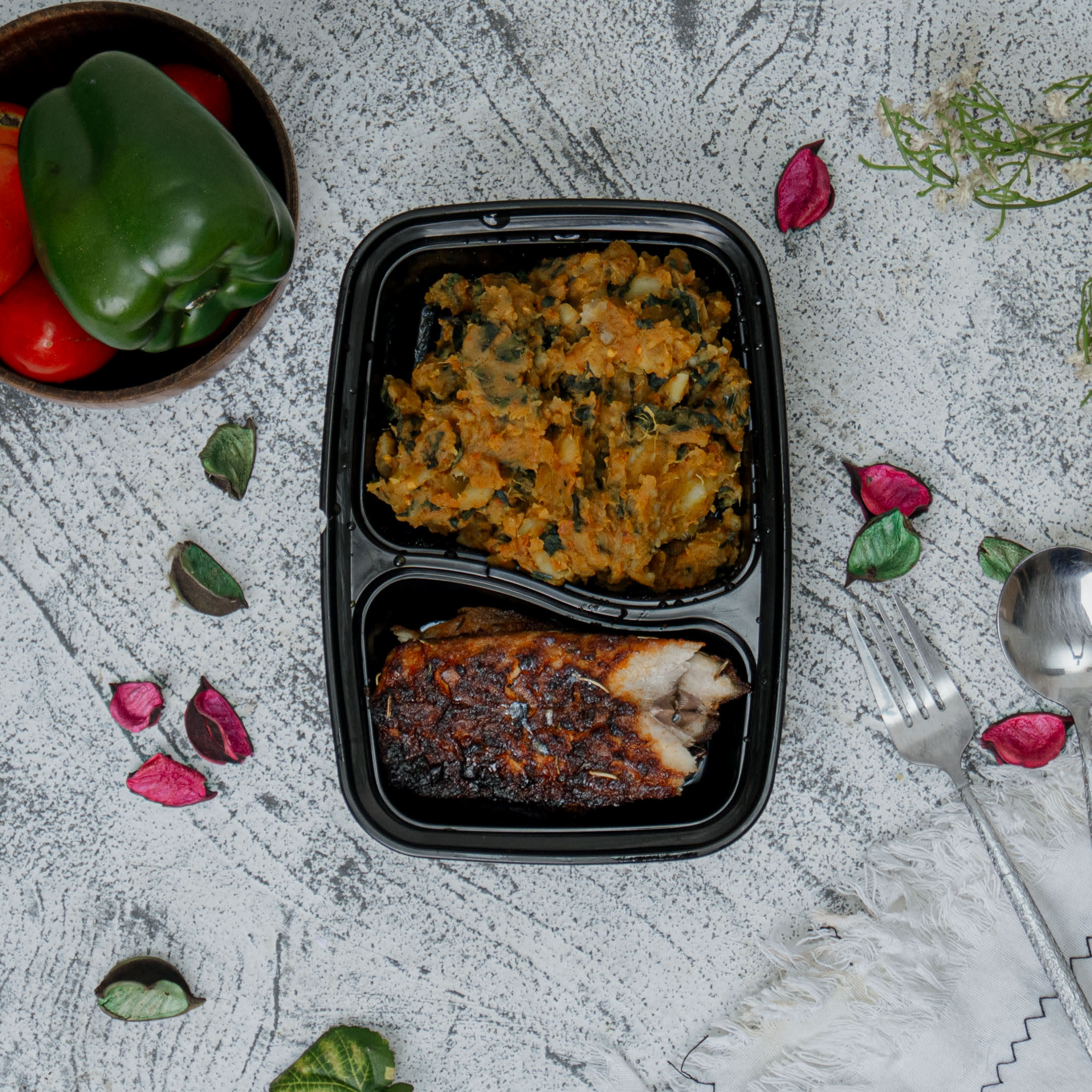 Oil-less sweet potatoes porridge / grilled titus fish fillet