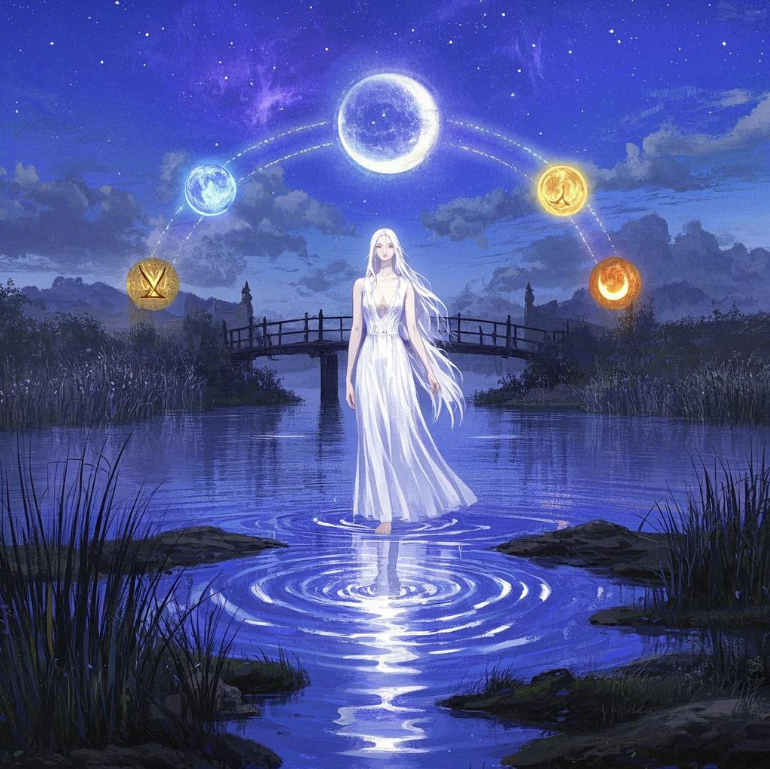 A woman in a flowing white dress stands by a lake, her reflection merging with the starry sky and moon, symbolizing inner struggles and hope. In the distance, a misty ancient bridge glows softly, representing the journey through emotional tribulations towards new beginnings.