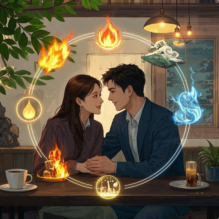 一对情侣在温馨的咖啡厅微笑对视，周围环绕着象征五行元素的视觉效果，展现恋爱中的神秘吸引力和命理学的奇妙魅力。