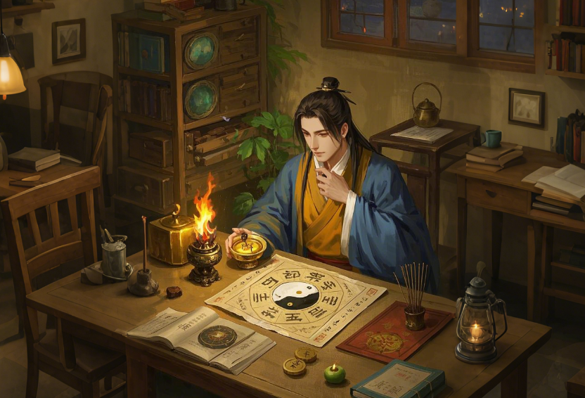 A Taoist master studying Bazi astrology in an ancient-style divination hall, with a table displaying a Luo Pan, astrology books, and five-element symbols, exuding a mysterious atmosphere.