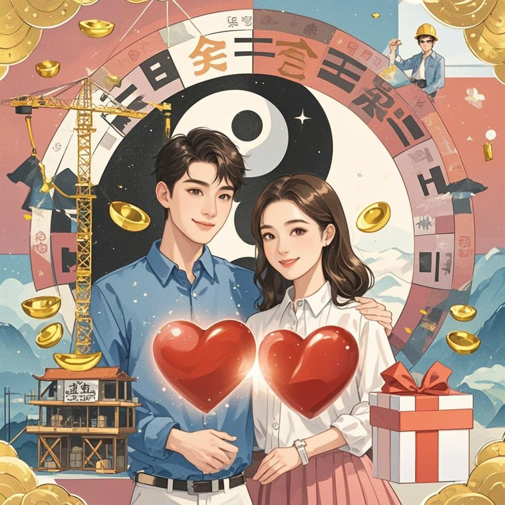 A loving couple is snuggling sweetly. Behind them floats the yin-yang bagua pattern symbolizing eight-character fortune-telling. Around are scenes representing career growth, wealth increase, two hearts merging, and various life coincidences like the same construction site, identical gifts, and the same restaurant.