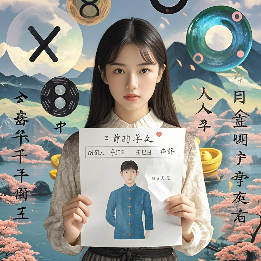 A young girl is holding a paper with a boy's BaZi information, looking pensive. Mysterious symbols representing different BaZi conditions (e.g., BiJian and JieCai in the日柱, mixed ZhengPianCai, no Yin in the月令 and strong self with QiSha) are floating in front of her. In the distance is a beautiful scene symbolizing a happy marriage.