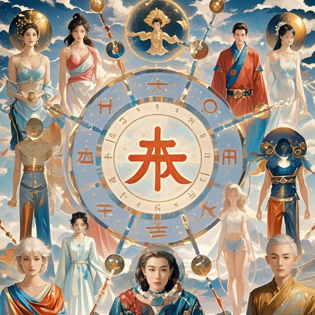 An artistic painting featuring elements of the eight-character astrological chart. The spouse star and spouse palace are presented abstractly, along with various types of partner images represented by different daily branches, all immersed in a traditional and mysterious atmosphere.