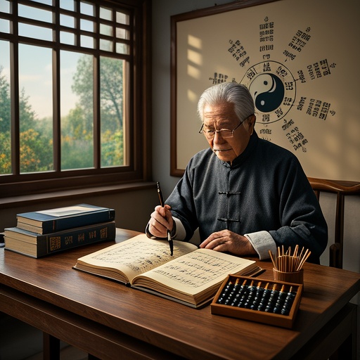 中式古典书房场景，木质书桌摆放着古老线装命理书籍，书页摊开显示八字图表。墙上挂着五行相生相克图。光影从窗户透入，照亮桌面。桌旁一位身着传统服饰的老者，手持毛笔，对着命理图表沉思。旁边摆放着算盘和写有不同运势符号的竹签。窗外隐约可见四季景色交替，暗示运势的周期性变化 。