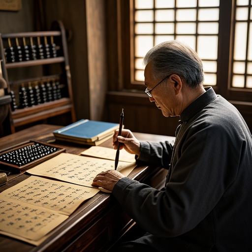 古色古香的书房内，一张古朴的书桌，上面摆放着古老线装的八字命理书籍、写满命理符号的纸张，旁边有一副古朴的算盘。桌前一位身着传统服饰的老者，手持毛笔，认真地研究着命理。窗外阳光洒进来，照亮房间一角，营造出神秘又静谧的氛围，周围没有文字及符号 。