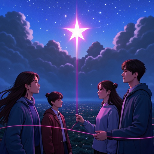 神秘的星空中，云雾缭绕，一颗散发着柔和粉色光芒的红鸾星闪耀其中。星芒如细丝蔓延，好似月老手中红线。下方尘世中，几个青年男女被红线隐隐相连，脸上带着期待与羞涩。周围光影梦幻，凸显出浪漫神秘氛围，整体画面呈现无文字符号的奇幻风格。
