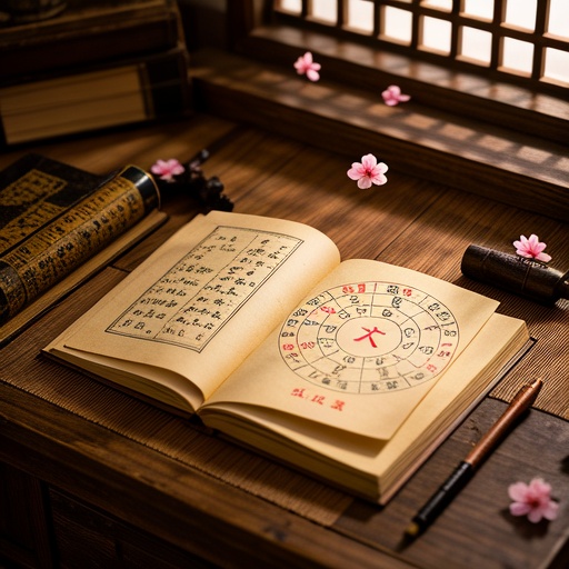 古色古香的中式书房内，古朴书桌上摊开一本命理古籍。旁边画有一个简易的八字命盘，用线条将出生年地支与对应的红鸾星所在地支相连，如子指向卯、丑指向寅等。周围飘散着几朵粉色桃花，光线从窗户斜射进来，营造温馨神秘氛围。整体画面色调为暖棕，展现出命理学说中红鸾星相关概念的独特韵味 。