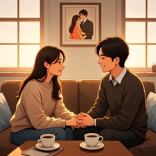 柔和暖光的客厅里，一对情侣坐在沙发上，面对面温柔交谈。女生微微歪头，眼神专注带着关切；男生微笑倾听，轻轻握住女生的手。旁边茶几上放着两杯冒着热气的咖啡。沙发背后墙上挂着两人甜蜜的合照。窗外透进的光洒在他们身上，营造温馨氛围，画面整体色彩和谐，无文字及符号 。