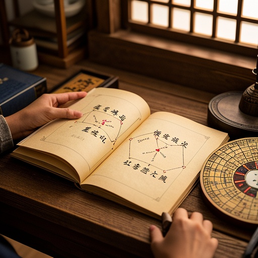 一幅古色古香的中式书房场景图。书桌上摆放着古老的命理书籍，书页翻开露出星宿图案。图中有手绘的红鸾星、桃花星、天喜星，用线条连接展示组合关系。旁边有八卦盘体现五行相生相克。柔和的光线从窗外透进来，照亮书桌。画面整体营造出神秘、传统的氛围，展现八字命理综合分析的情景。