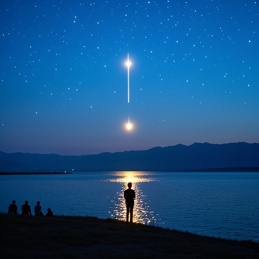 静谧夜空繁星闪烁，一颗拖着光尾的金星缓缓逆行。下方是平静的湖面，泛起层层金色涟漪。湖边有个年轻人望着天空若有所思，不远处一些模糊的旧人身影若隐若现。光影柔和，月光洒在湖面与人物身上，营造出梦幻神秘氛围，整体色调偏冷蓝，凸显静谧与期待之感 。