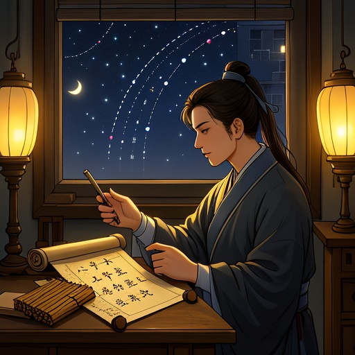 神秘的中式书房内，古朴书桌上摆放着写有八字命理的竹简和星象图卷轴。窗外夜空繁星闪烁，有金星、水星的轨迹线条。一位身着传统服饰的人，左手拿着写有八字的纸张，右手比划着星象图，若有所思。暖黄色的灯光照亮室内，营造出神秘氛围，整体画面无文字符号。