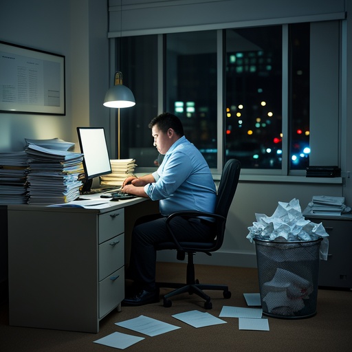 In a dim office, a young man with a tired face and a slightly chubby build is sitting in front of a desk full of documents. He leans forward, with anxiety and helplessness in his eyes. The computer screen emits a pale light, reflecting his haggard face. The surrounding lights are dim, highlighting the oppressive atmosphere. There is a trash can full of crumpled papers beside him. Outside the window, the night is deep, and the traffic in the distance forms a contrast with the loneliness inside the room, suggesting that the young man is in a dilemma while working desperately.