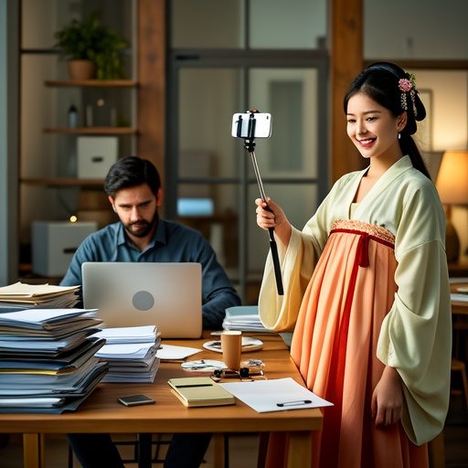 In a bright room, on one side, a person is frowning and working desperately in front of a computer with a mountain of documents; on the other side, a woman in beautiful Hanfu is happily taking a selfie with a selfie stick in a well - decorated Hanfu scene, surrounded by various Hanfu accessories. The sunlight shines through the window on the Hanfu woman, creating warm - toned light and shadow, in contrast to the depressing light and shadow of the worker. The background is blurred to highlight the states of the two people. The overall picture shows different situations of playing and working desperately.