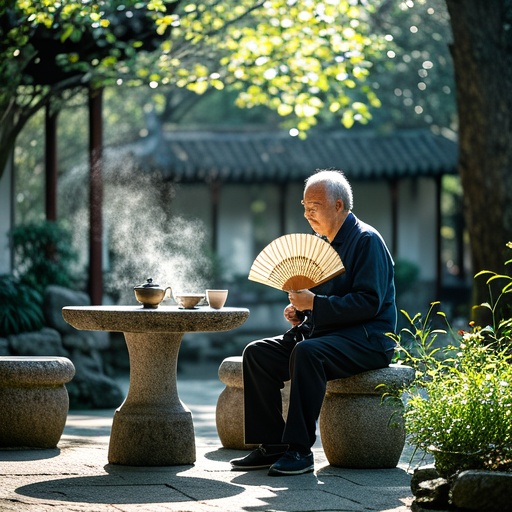 In a serene Chinese - style courtyard, sunlight filters through the mottled leaves. A person with a weak constitution and a peaceful face is sitting leisurely on a stone bench, playing with a traditional folding fan in hand. There is an ancient teacup on the stone table beside, steaming. The surrounding flowers and plants sway gently in the wind, and pavilions and towers are faintly visible in the distance. The overall picture has soft lighting and elegant colors, showing a relaxed and pleasant atmosphere, implying that the person is replenishing energy while playing.