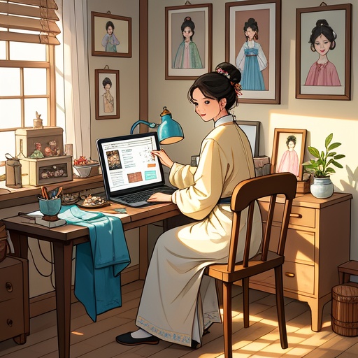 The picture shows a warm studio. The sun shines through the window on the ground. A young woman with a gentle temperament is sitting at the table, on which there are Hanfu accessories. She is smiling, organizing Hanfu while looking at the computer screen, which shows popular data related to Hanfu. There are photos of her in different Hanfu styles hanging on the wall beside, and there are some small leisure ornaments in the corner. The light is bright and soft, creating an overall atmosphere of focusing on career while enjoying hobbies and life.