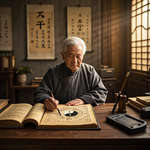In an antique study, there is an ancient desk with an open old book on destiny theory on it. The page has Yin-Yang and Bagua patterns. There is a writing brush and an inkstone beside it. An old man in traditional clothing, holding a compass, is sitting in front of the desk, concentrating on calculations. Sunlight shines through the window onto the desk, creating a mysterious atmosphere. There is a scroll with Heavenly Stems and Earthly Branches hanging on the background wall. The overall picture style is classical and mysterious.