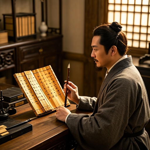 古色古香的书房内，一张古朴书桌上摆放着写有天干、地支字样的古老竹简，旁边有毛笔、砚台。桌前一位身着传统长袍的命理师，手持一本线装命理古籍，专注地推导着。阳光透过窗户洒在桌面，照亮了那些命理元素，营造出神秘、静谧的氛围，画面无文字及符号 。