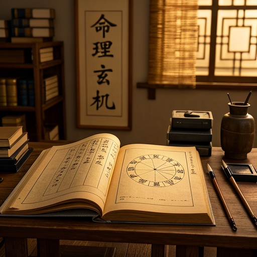古色古香的书房内，木质书桌上摊开一本古老线装命理书籍，书页上绘制着简单的年干与地支对应关系图表，旁边摆放着毛笔与砚台。柔和的自然光从窗户透进来，照亮桌面。背景墙上挂着一幅写有“命理玄机”的古朴字画。书房角落有一个古朴书架，摆满古籍。整体色调偏暖黄，营造神秘又典雅的氛围。