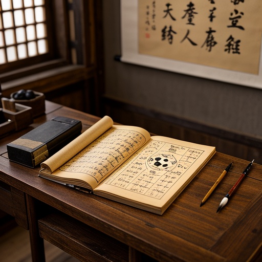 古色古香的书房内，木质书桌摆放正中，桌上摊开一本古老线装命理书籍。旁边摆放着毛笔、砚台。光线从左侧窗户斜射进来，照亮书页。画面后方墙上挂着一幅书法卷轴，隐约可见阴阳八卦图案。书桌上的命理书籍页面上，绘有简单的天干地支对应关系图示，但无具体文字符号，营造神秘的传统命理氛围 。