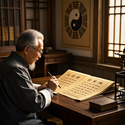 古色古香的书房内，木质书桌上摊开一本古老线装命理书籍。桌旁一位身着传统服饰的老者，手持毛笔，正对着写有天干地支的纸张思索。阳光透过雕花窗棂洒在桌面，照亮戊、己等天干及寅、申、巳、亥等地支字样。一旁墙上挂着太极八卦图，光影交织，营造神秘氛围，展现出命理探索的场景 。