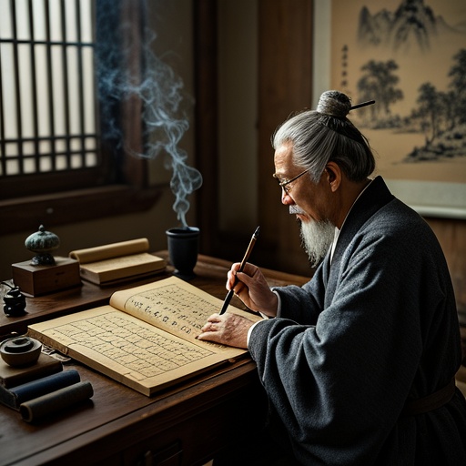 古色古香的中式书房内，木质书桌上摆放着古朴的线装古籍，书页半摊开，上面画着简单的干支对应图案。旁边有一个小巧的香炉，轻烟袅袅升起。书房窗户透进柔和光线，照亮了屋内。一位身着传统汉服的老者，正手持毛笔，对着古籍上的内容若有所思。背后墙上挂着一幅淡墨山水图，整体营造出神秘又古典的氛围 。