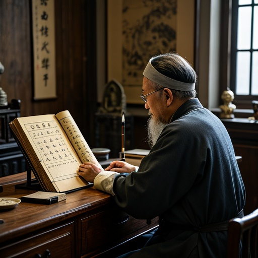 古色古香的书房内，木质书桌上摆放着一本古老线装命理书籍，书页翻开显示着日柱、年柱相关内容，旁边用毛笔勾勒出辰、戌、丑、未字样图案。一位身着传统长袍的人，神情专注地对着书籍思考，周围光影柔和。书房一侧墙壁挂着艺术画卷，角落里摆放着一尊古朴宗教摆件。窗外洒进几缕阳光，营造出静谧又略显孤独的氛围。