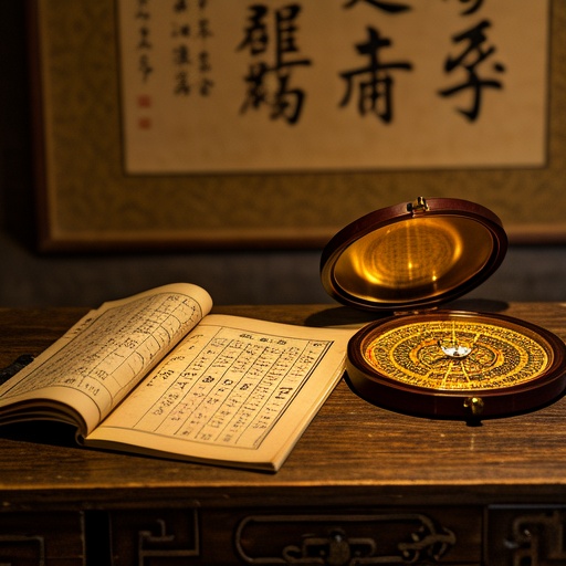 On an ancient wooden table, there is an old thread-bound book on destiny theory. The pages are open, and there is a chart of the relationships among the Earthly Branches drawn on them. There is a set of exquisite Bagua compasses beside it, and the pointer points to the directions of the Earthly Branches. Soft warm yellow light shines down from one side, illuminating the table. The background is an old wall with a calligraphy scroll hanging on it, and patterns related to destiny theory can be faintly seen. The overall setting creates a mysterious and classical atmosphere, and there are no words or symbols in the picture.