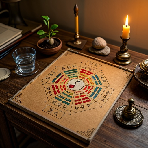 In an antique Chinese-style study, an ancient Bagua diagram is placed on a wooden desk. The diagram clearly marks the Six Combination relationships of Zi-Chou, Yin-Hai, Mao-Xu, Chen-You, Si-Shen, and Wu-Wei connected in pairs with different colored lines. Next to it, items representing the Five Elements are placed correspondingly, such as a water cup representing water, a stone representing earth, a sapling representing wood, a metal ornament representing metal, and a candle representing fire. Soft warm light shines down from above, illuminating this mysterious and harmonious picture.