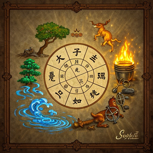 A traditional Chinese-style mysterious picture. In the center of the picture is an ancient circular pattern, on which the four combinations of Shen-Zi-Chen, Hai-Mao-Wei, Yin-Wu-Xu, and Si-You-Chou are clearly outlined with lines and distinguished by different colors. Next to each combination, there are symbolic elements representing the formed five elements, such as water waves representing water, trees representing wood, flames representing fire, and metal utensils representing metal. There is a faint golden light surrounding it, creating a mysterious atmosphere, and the background is an antique Chinese texture.