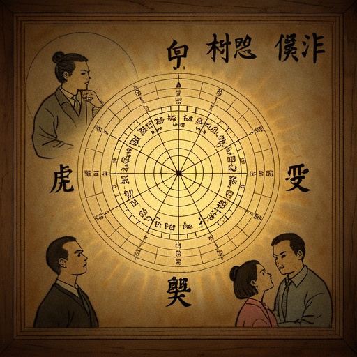 An antique Chinese feng shui picture. In the center of the picture is a circular compass. The positions of Yin, Si, Shen, Chou, Wei, Xu, Zi, and Mao are marked on the compass with lines and patterns, corresponding to the element patterns of wood, fire, metal, earth, and water. Beside it, in the form of light - ink Chinese ink sketches, quarreling colleagues and superiors in a work scene represent the punishment of Yin, Si, and Shen; quarreling people in a family represent the punishment of Chou, Wei, and Xu; a quarreling couple scene represents the punishment of Zi and Mao. The surrounding is filled with a soft warm light to create a mysterious atmosphere, and the light illuminates the key elements and patterns.
