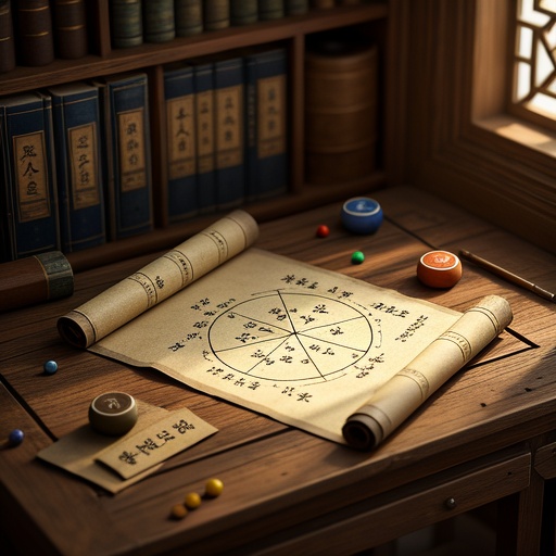 An antique Chinese - style picture. The background is an ancient wooden bookshelf filled with thread - bound ancient books. In the center of the picture, there is an ancient table with a scroll spread out on it. The scroll shows the six - conflict relationships of earthly branches in simple graphics. Six groups such as Zi and Wu, Chou and Wei are connected by lines, and the corresponding five - element attributes such as water and fire, earth and wood are marked. Small and large circles beside represent each earthly branch, and their colors correspond to the five - element attributes. The light shines obliquely from the left, creating a mysterious atmosphere. There are no text symbols in the whole picture.